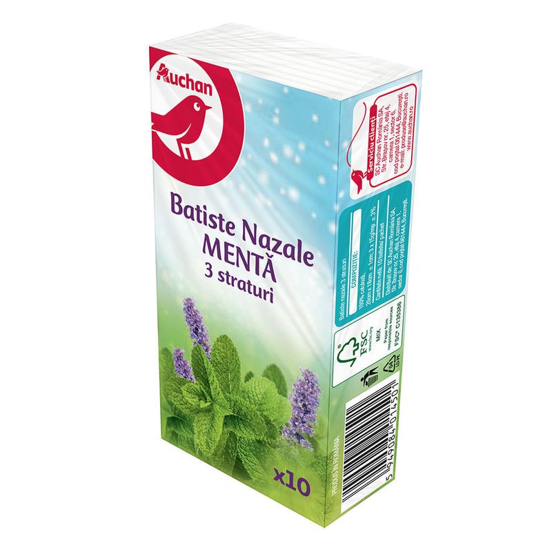 Servetele nazale Auchan, parfum de menta, 3 straturi, 10 bucati