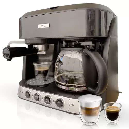 Espressor DelCaffe 3 in 1 Coffe Shot, 15 bari, 1850W, 1.25 l, Functie spumare, Inchidere automata, Negru