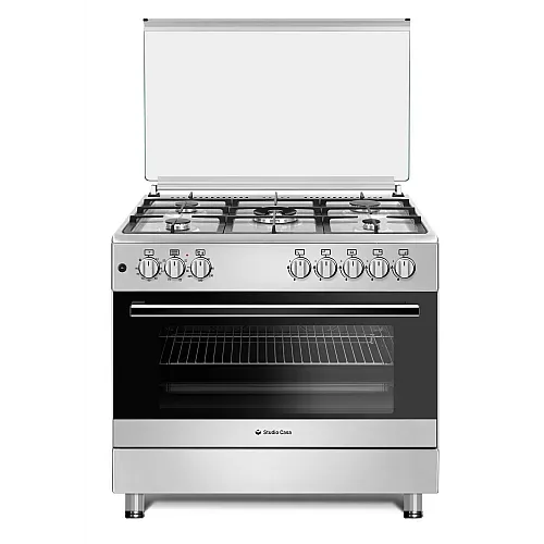 Aragaz mixt 5 arzatoare gaz, Cuptor electric, 90x60cm, Studio Casa, FE90/60 Multifunctional, Grill electric, Rotisor, 2 ventilatoare, Aprindere electrica, Inox