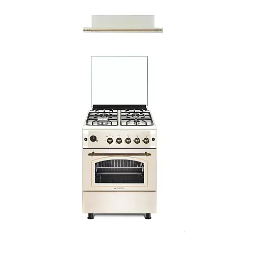 Pachet Aragaz rustic 4 arzatoare gaz, Cuptor pe gaz, 60x60cm, Studio Casa SIENNA, FE60/60G, Rotisor, Grill gaz, Ventilatie Turbo+Hota incorporabila telescopica Lean Retro