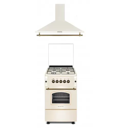 Pachet Aragaz Rustic Gaz Si Hota Studio Casa Cremona, Aragaz 50/55 Cm., Cuptor Gaz, 4 Arzatoare Gaz, Aprindere Electrica, Crem