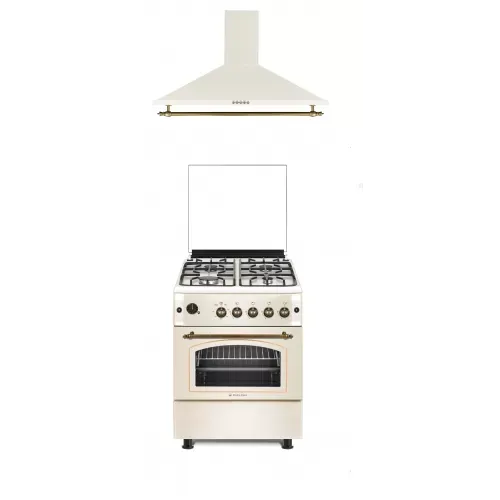 Pachet Aragaz Rustic Studio Casa Sienna Fe60/60G + Hota Onda Beige, Rotisor, Cuptor Pe Gaz, 4 Arzatoare Gaz, Grill Gaz, Ventilator, Gratare Fonta, 60 Cm, Culoare Crem