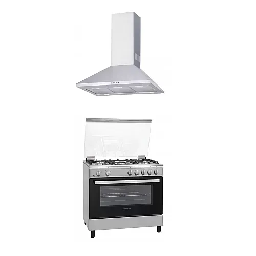 Pachet Aragaz clasic 5 arzatoare gaz, Cuptor gaz, 90x60 cm, Studio Casa , Tivoli, grill electric , rotisor, aprindere electrica+Hota Decorativa 90 Cm, Kaminox90, 1 Motor Turbo , Studio Casa