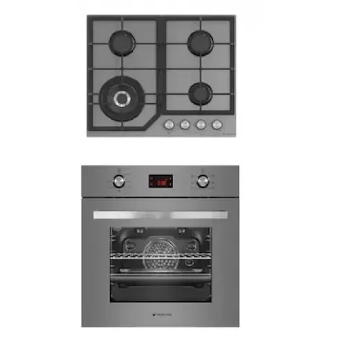 Pachet cuptor electric incorporabil si plita gaz sticla Duo Modern Parma Glass Grey Studio Casa, 6 functii, Ventilator, Display Touch control, Timer digital, Sticla gri