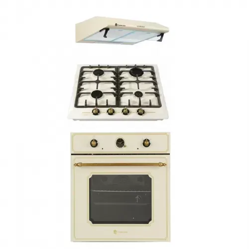 Pachet incorporabil cuptor electric, plita gaz si hota clasica Luna Retro Beige Studio Casa, 52 l, 6 functii, gratare fonta, 483 mc/h, 2 motoare, Crem