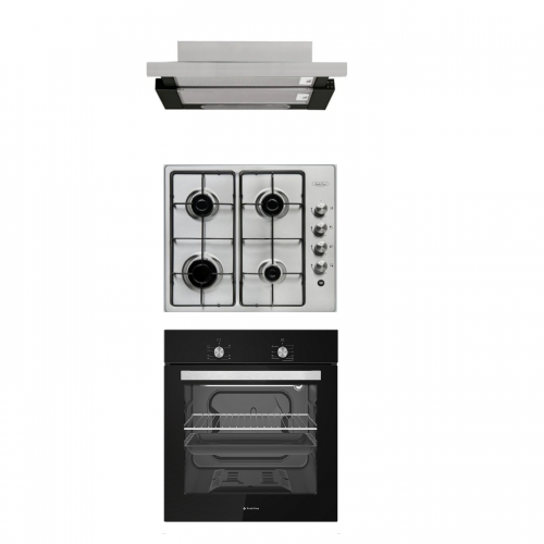 Pachet incorporabil K-Lara Gaz, Cuptor gaz, plita gaz  si hota telescopica, Studio Casa, Termostat, Timer mecanic, 56 l, Grill gaz, Clasa energetica A, Negru / Inox