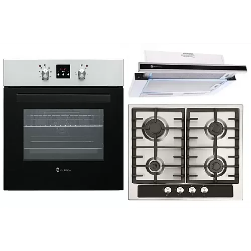 Pachet Cuptor Electric Napoli Inox+Plita Gaz Duo Napoli+Hota Lean Vitro Blk