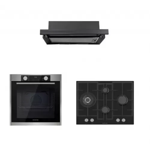 Pachet incorporabil Studio Casa Nero Bellagio, Cuptor electric, Plita gaz sticla neagra 70 cm si Hota telescopica neagra, 10 functii, 81 l, Grill, Rotisor, Ventilator, Autocuratare catalitica, Display Touch, Sticla neagra / Inox